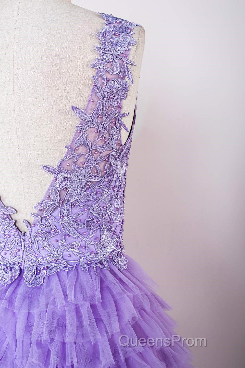 Lavender Plunging V Neck Appliques Layers Long Evening Prom Dress with Slit