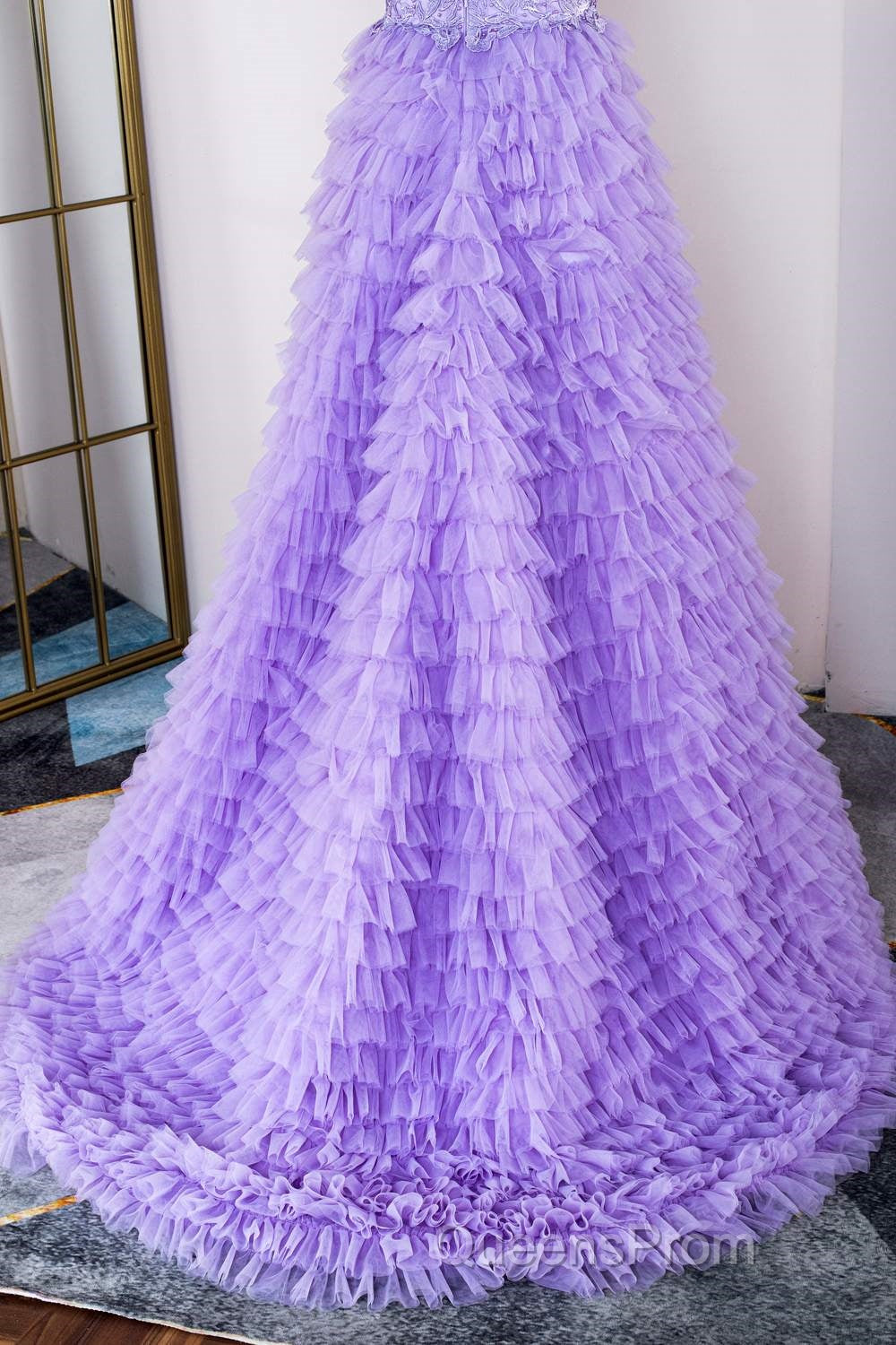 Lavender Plunging V Neck Appliques Layers Long Evening Prom Dress with Slit