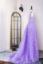 Lavender Plunging V Neck Appliques Layers Long Evening Prom Dress with Slit