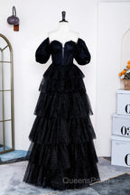 Saprkly Black Off-Shoulder Puff Sleeves Layers Long Evening Prom Dress