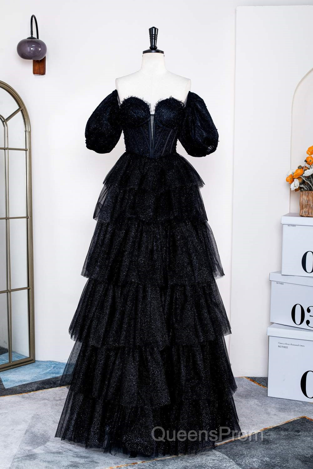 Saprkly Black Off-Shoulder Puff Sleeves Layers Long Evening Prom Dress