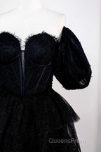 Saprkly Black Off-Shoulder Puff Sleeves Layers Long Evening Prom Dress