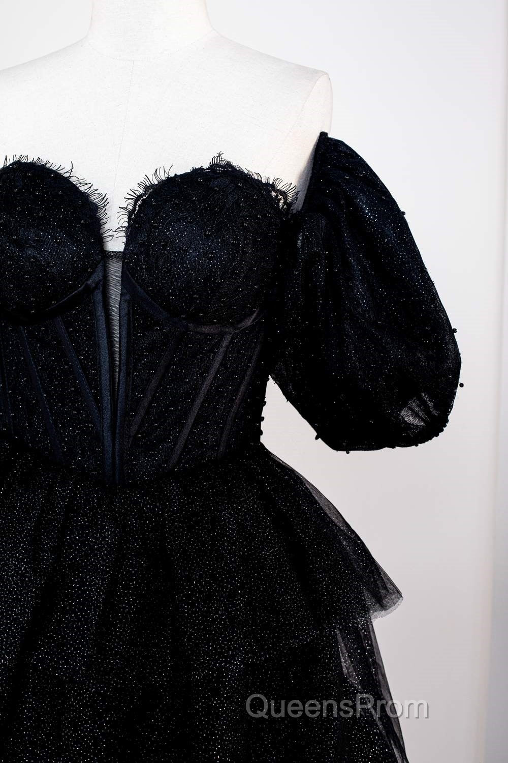 Saprkly Black Off-Shoulder Puff Sleeves Layers Long Evening Prom Dress