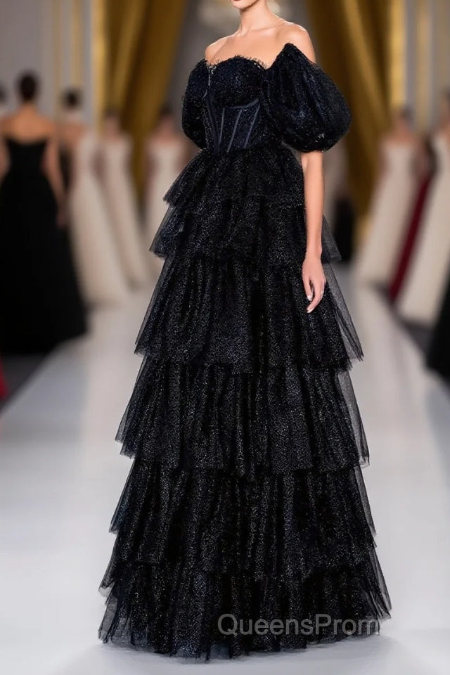 Saprkly Black Off-Shoulder Puff Sleeves Layers Long Evening Prom Dress