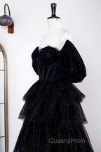 Saprkly Black Off-Shoulder Puff Sleeves Layers Long Evening Prom Dress