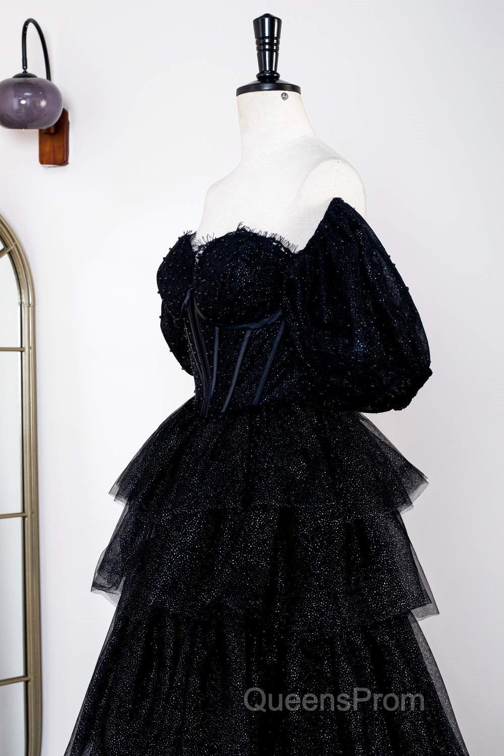 Saprkly Black Off-Shoulder Puff Sleeves Layers Long Evening Prom Dress