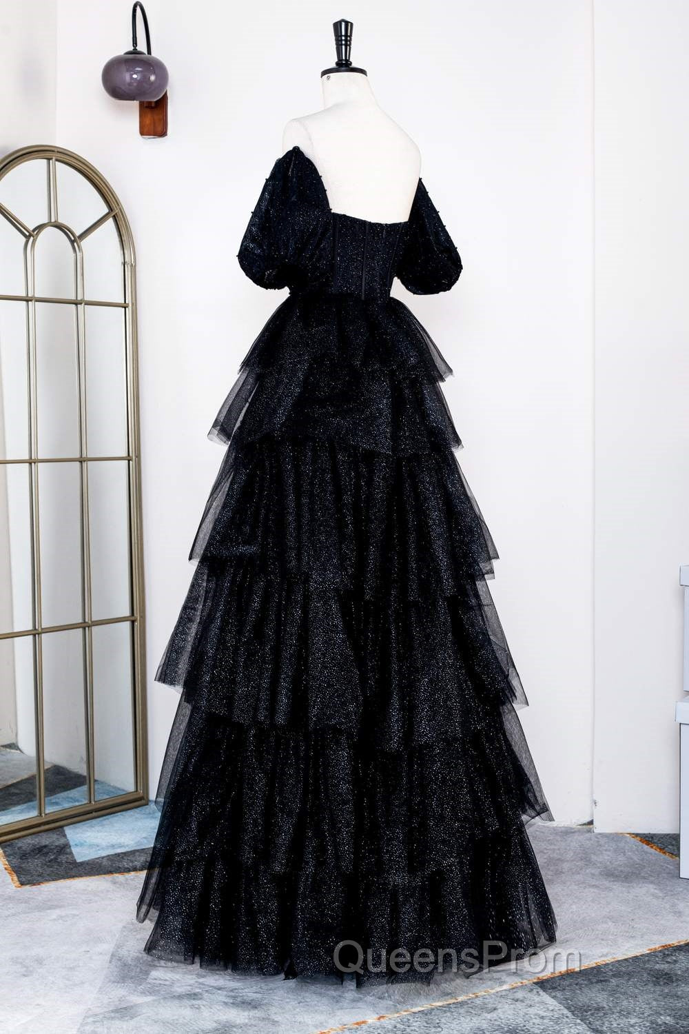 Saprkly Black Off-Shoulder Puff Sleeves Layers Long Evening Prom Dress Secondary image
