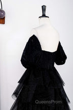 Saprkly Black Off-Shoulder Puff Sleeves Layers Long Evening Prom Dress