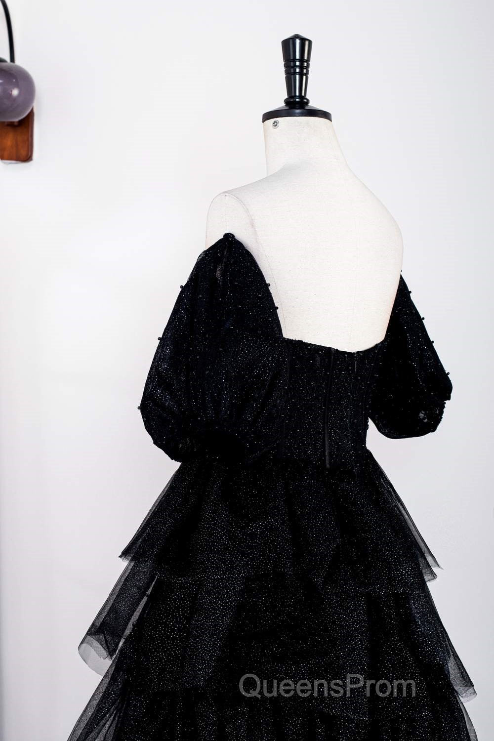 Saprkly Black Off-Shoulder Puff Sleeves Layers Long Evening Prom Dress