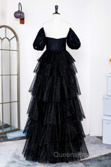Saprkly Black Off-Shoulder Puff Sleeves Layers Long Evening Prom Dress