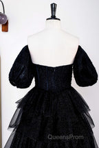 Saprkly Black Off-Shoulder Puff Sleeves Layers Long Evening Prom Dress