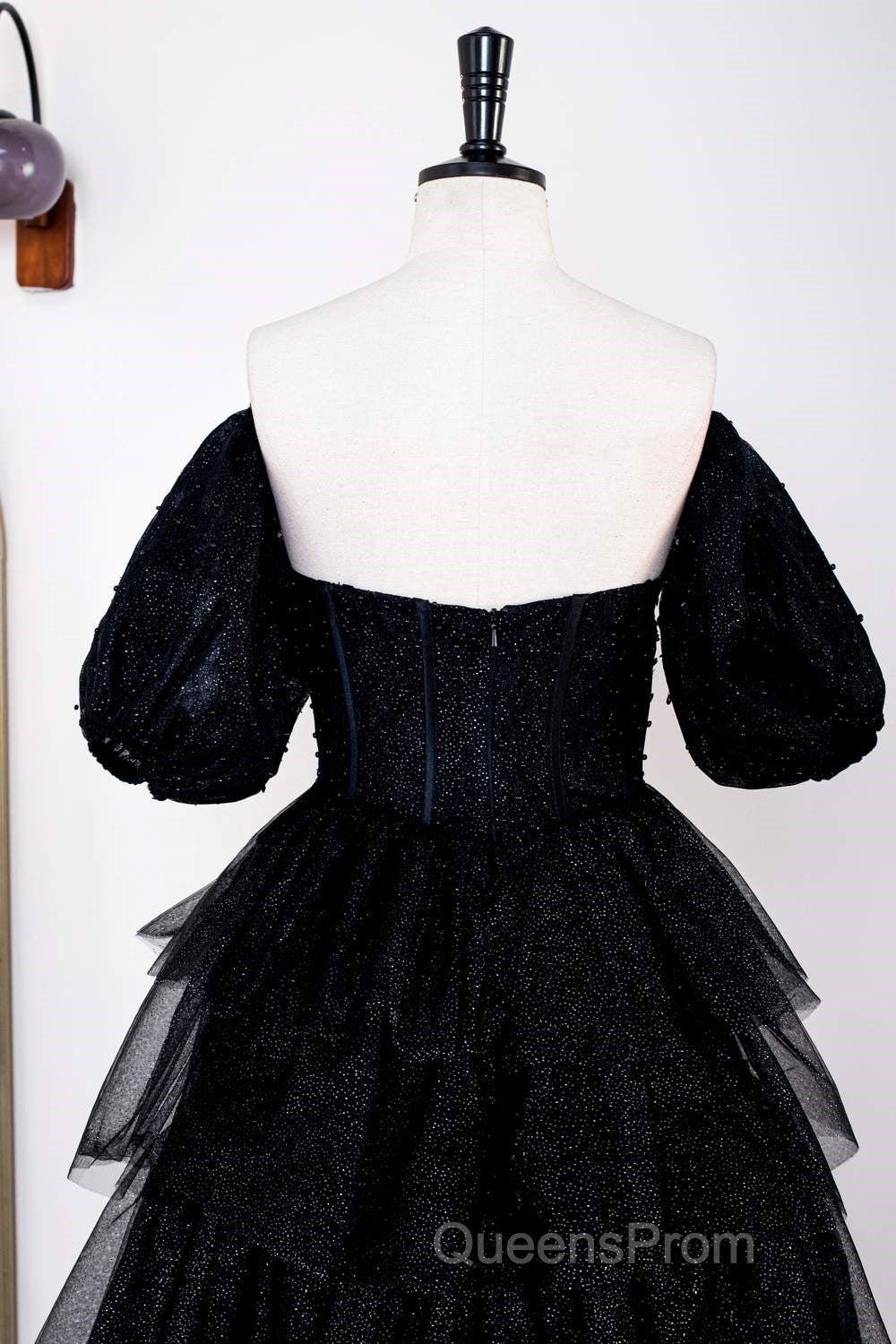 Saprkly Black Off-Shoulder Puff Sleeves Layers Long Evening Prom Dress