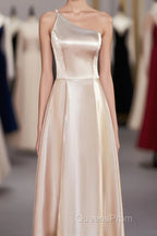 Champagne One Shoulder A-line Satin Tea Length Bridesmaid Dress