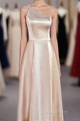 Champagne One Shoulder A-line Satin Tea Length Bridesmaid Dress