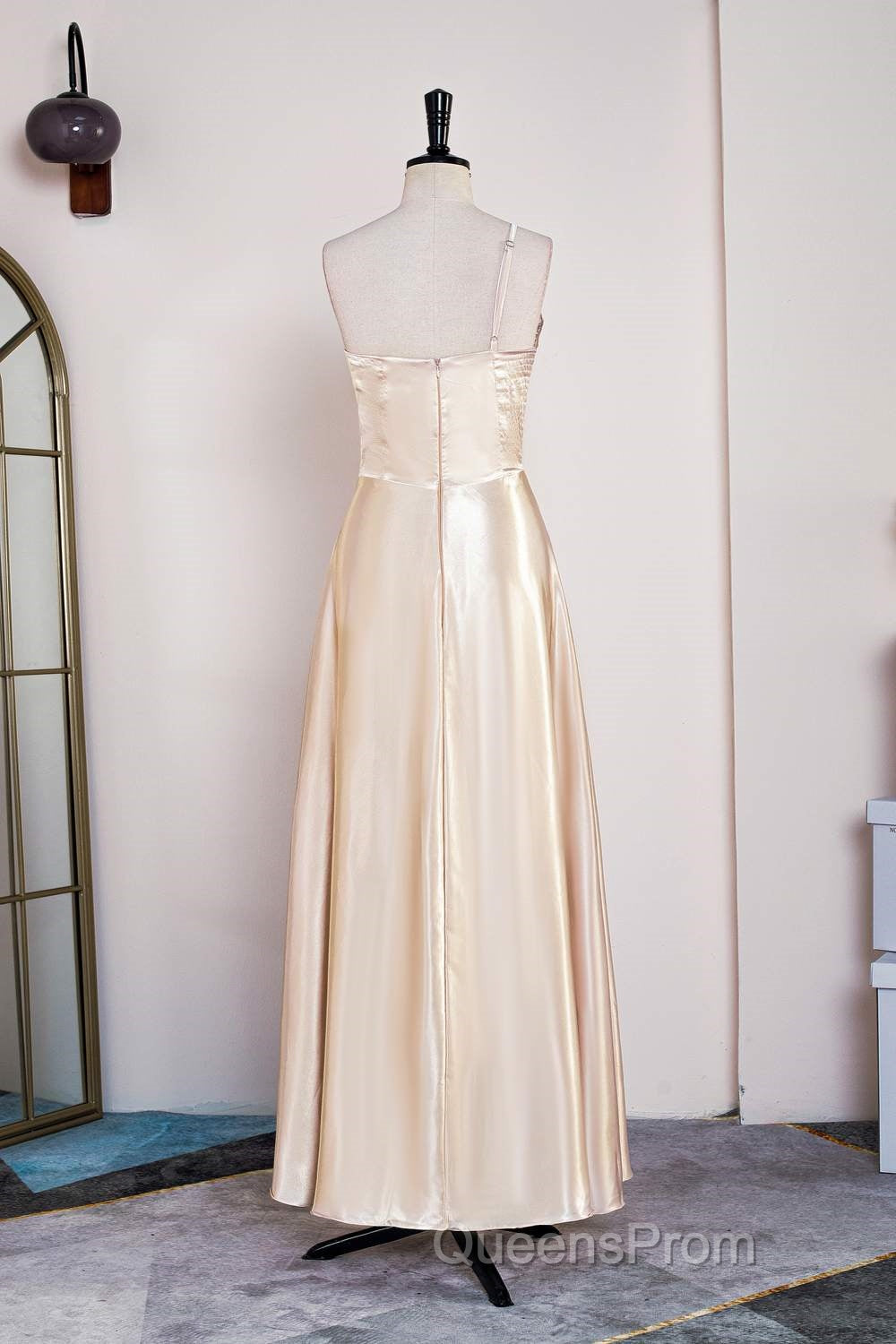Champagne One Shoulder A-line Satin Tea Length Bridesmaid Dress