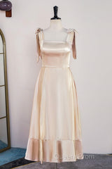Champagne Bow Tie Straps A-line Satin Tea-Length Bridesmaid Dress