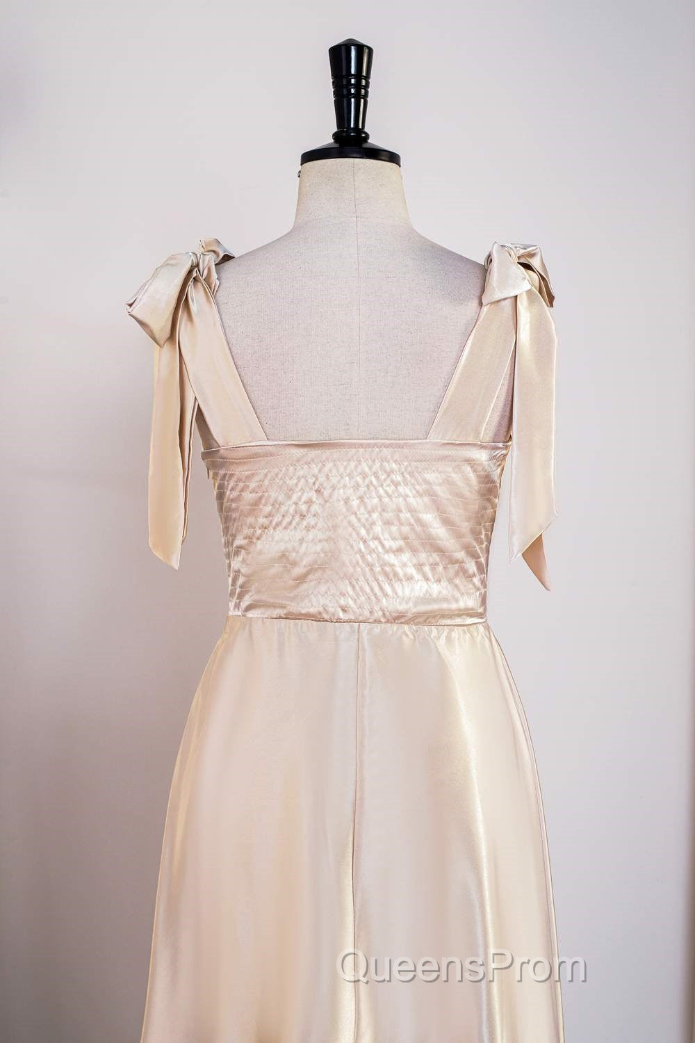 Champagne Bow Tie Straps A-line Satin Tea-Length Bridesmaid Dress
