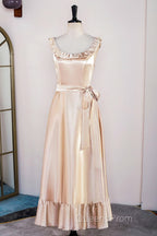 Champagne Sleeveless Ruffled A-line Tea-Length Bridesmaid Dress with Sash