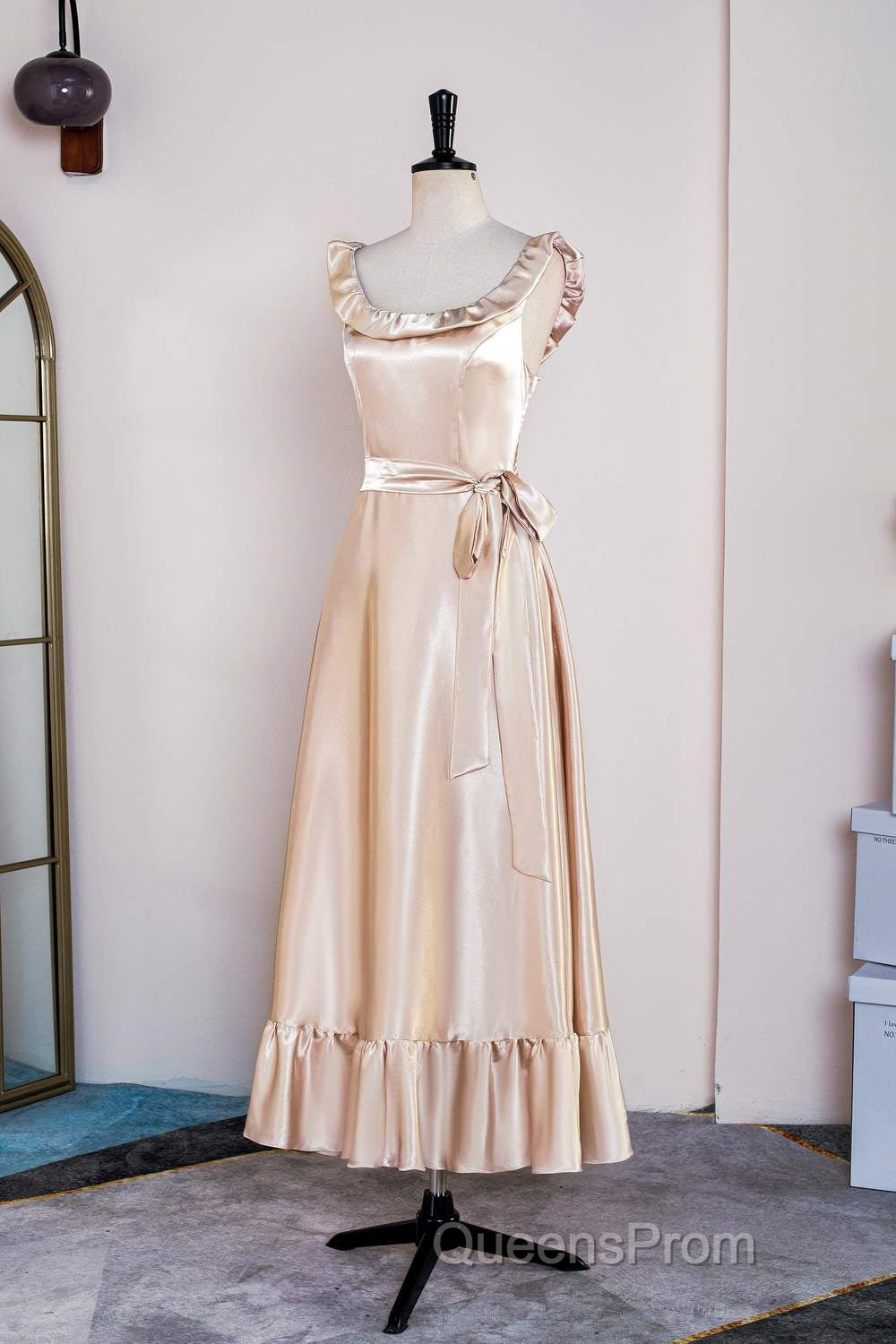 Champagne Sleeveless Ruffled A-line Tea-Length Bridesmaid Dress with Sash Secondary image