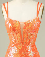 Orange Double Spaghetti Straps Glitter SequinTight Homecoming Dress