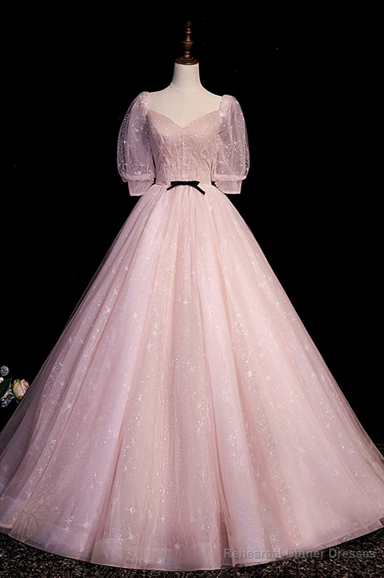 Pink V-Neck Tulle Long Prom Dress, A-Line Short Sleeves Evening Dress Main image