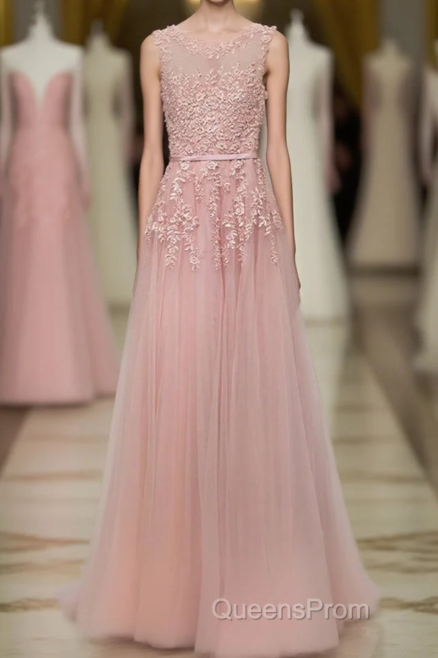 Pink Lace Tulle Long A Line Evening Prom Dress, Pink Evening Dress, 1 Main image