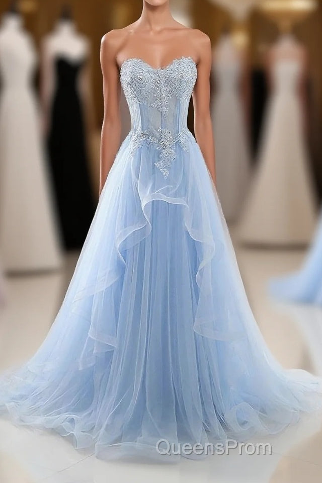 Light Blue Tulle Lace Long Evening Prom Dress, Formal Dress Main image