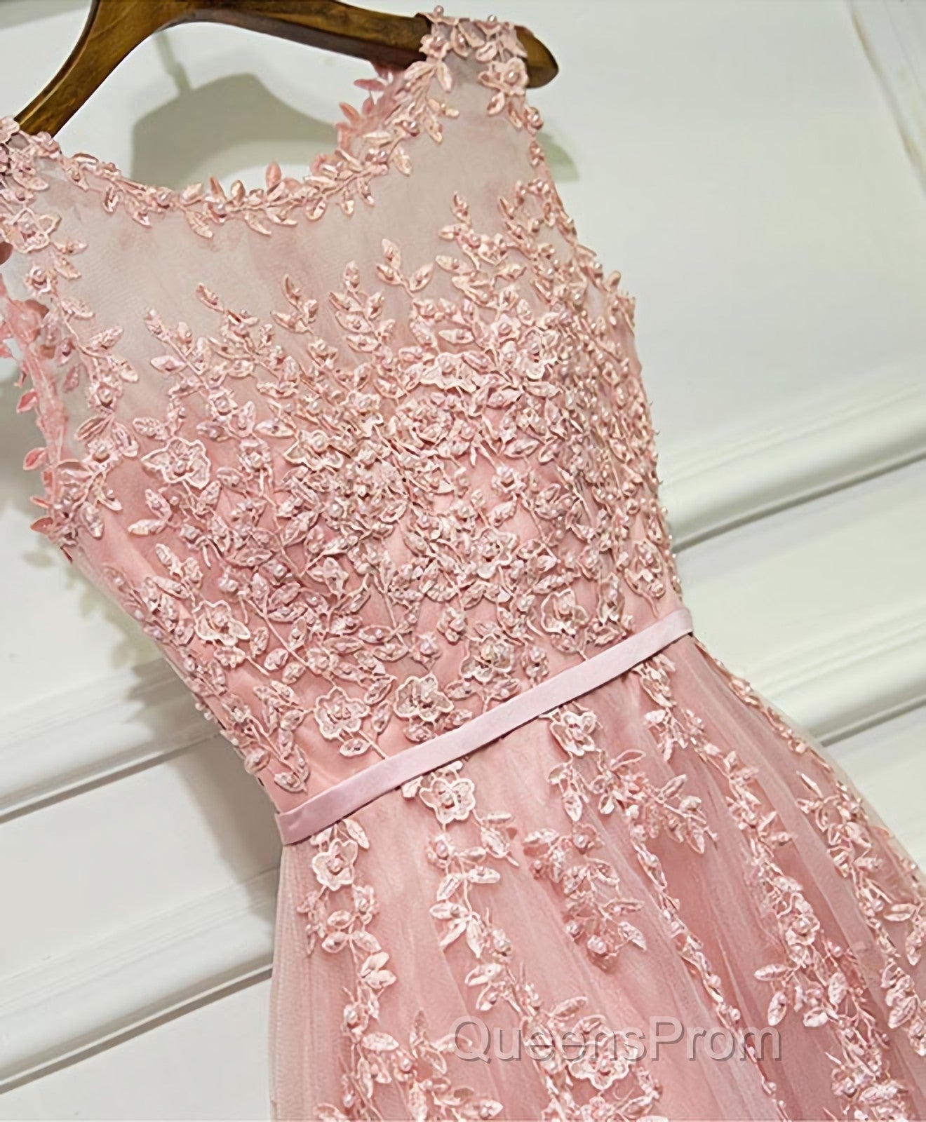 Pink Lace Tulle Long A Line Evening Prom Dress, Pink Evening Dress, 1 Secondary image