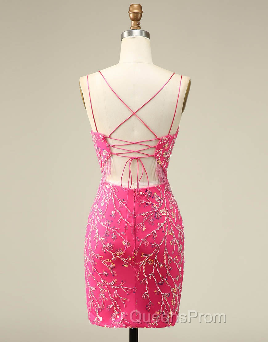 Gorgeous Sparkly Double Spaghetti Straps Tight Homecoming Dress With Fringe
