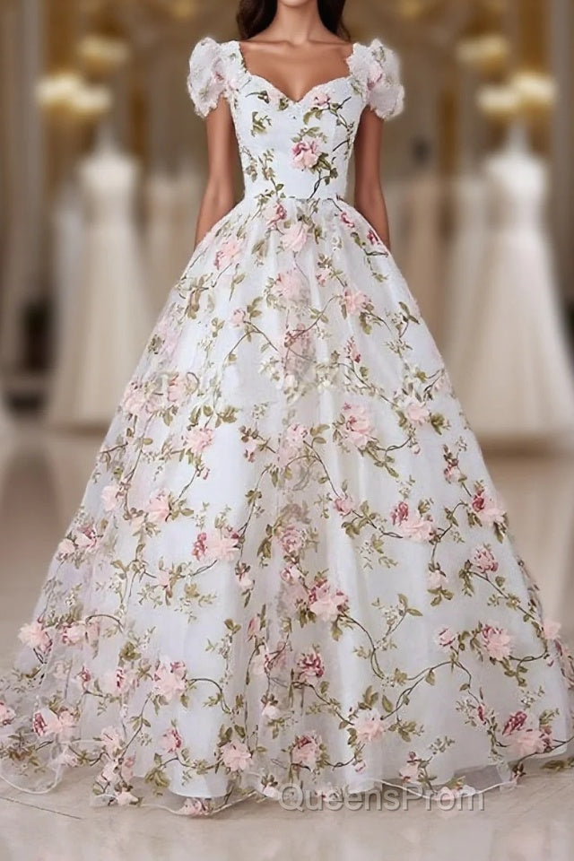 White V Neck 3D Flowers Long Evening Prom Dress, White Evening Dress Main image