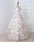 White V Neck 3D Flowers Long Evening Prom Dress, White Evening Dress