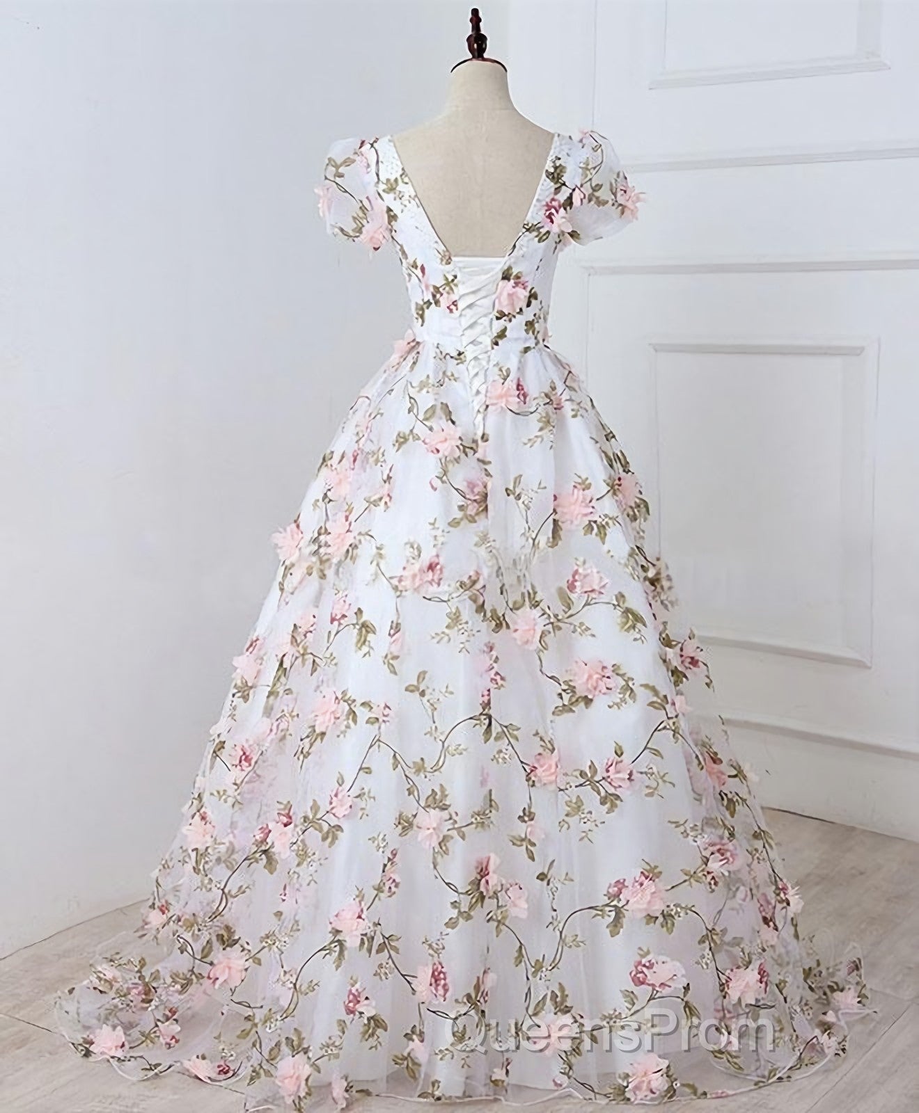 White V Neck 3D Flowers Long Evening Prom Dress, White Evening Dress