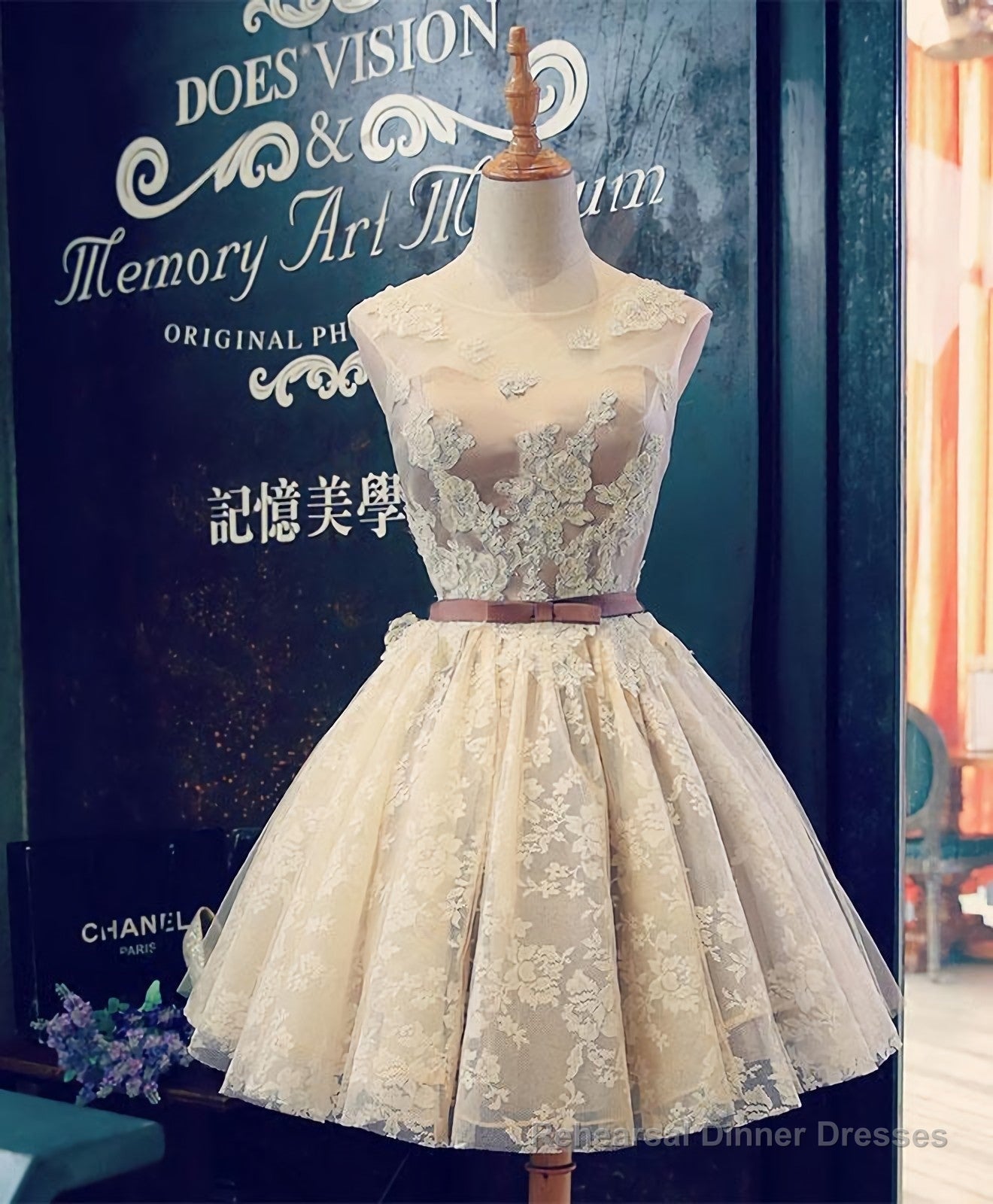 Cute Champagne Lace Short Prom Dress, Cheap Evening Dress Secondary image