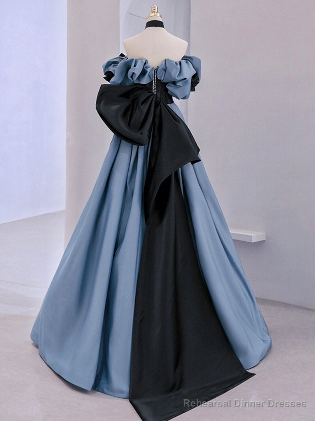 Blue Satin Lace Long Prom Dress, Off Shoulder Evening Dress Secondary image
