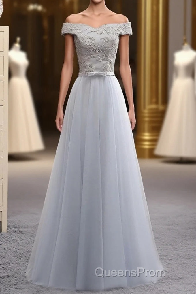 A Line Lace Tulle Off Shoulder Long Evening Prom Dress, Evening Dress Main image