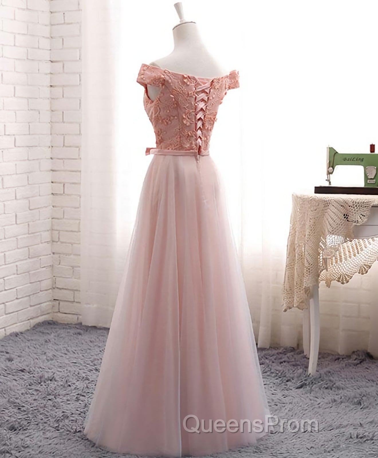 A Line Lace Tulle Off Shoulder Long Evening Prom Dress, Evening Dress Secondary image