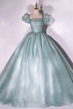 Green Tulle Floor Length Prom Dress, Lovely Short Sleeve Formal Evening Gown