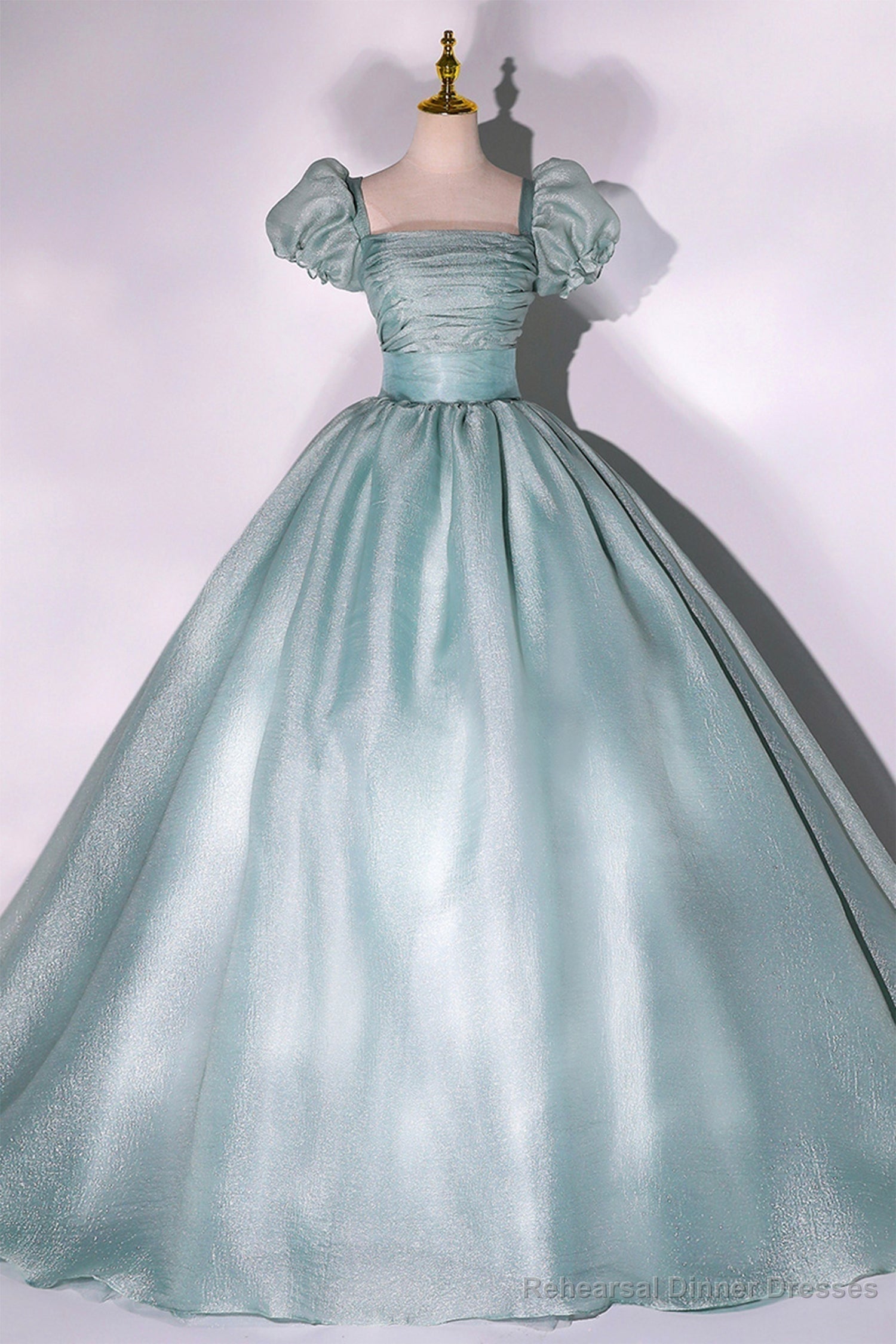 Green Tulle Floor Length Prom Dress, Lovely Short Sleeve Formal Evening Gown