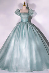 Green Tulle Floor Length Prom Dress, Lovely Short Sleeve Formal Evening Gown