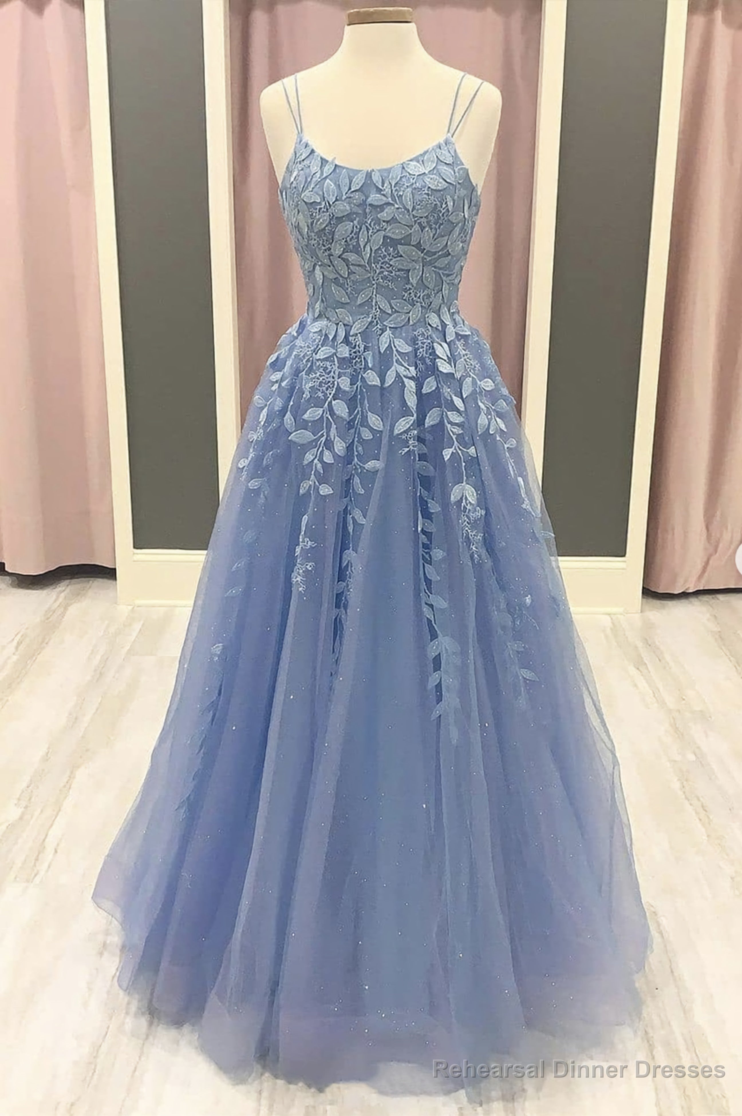 Blue Tulle Lace Applique Long Prom Dress, Lace Formal Dress Main image