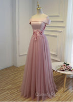 Pink A Line Off Shoulder Floor Length Evening Prom Dress, Lace Evening Dress