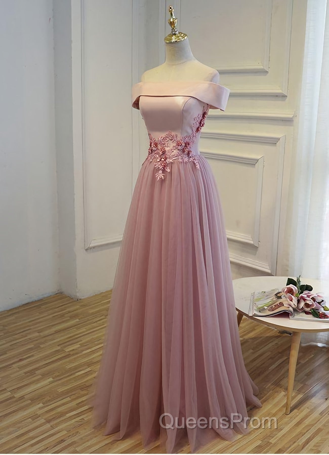 Pink A Line Off Shoulder Floor Length Evening Prom Dress, Lace Evening Dress
