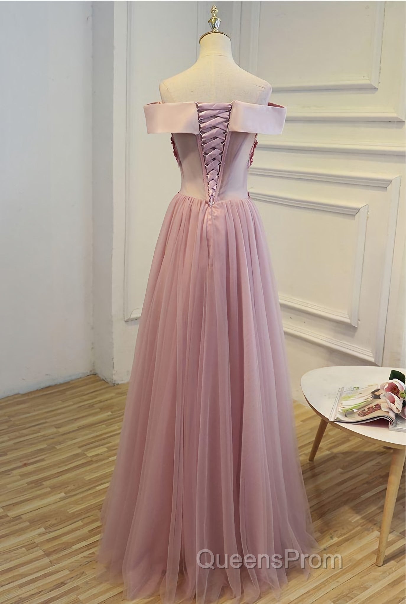 Pink A Line Off Shoulder Floor Length Evening Prom Dress, Lace Evening Dress