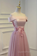 Pink A Line Off Shoulder Floor Length Evening Prom Dress, Lace Evening Dress