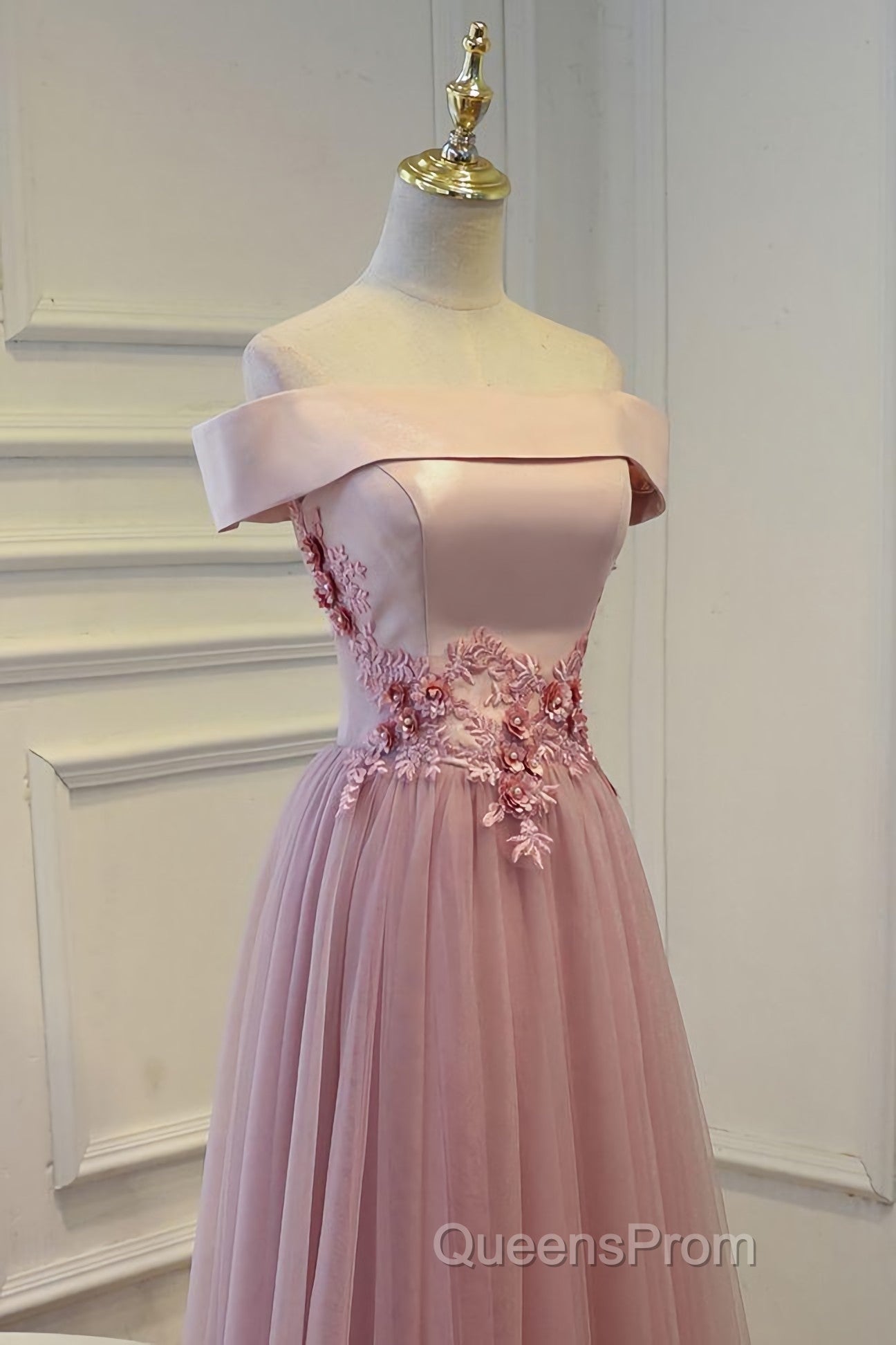 Pink A Line Off Shoulder Floor Length Evening Prom Dress, Lace Evening Dress