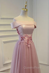 Pink A Line Off Shoulder Floor Length Evening Prom Dress, Lace Evening Dress