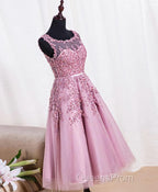Cute Pink Lace Tulle Short Evening Prom Dress, Pink Evening Dress
