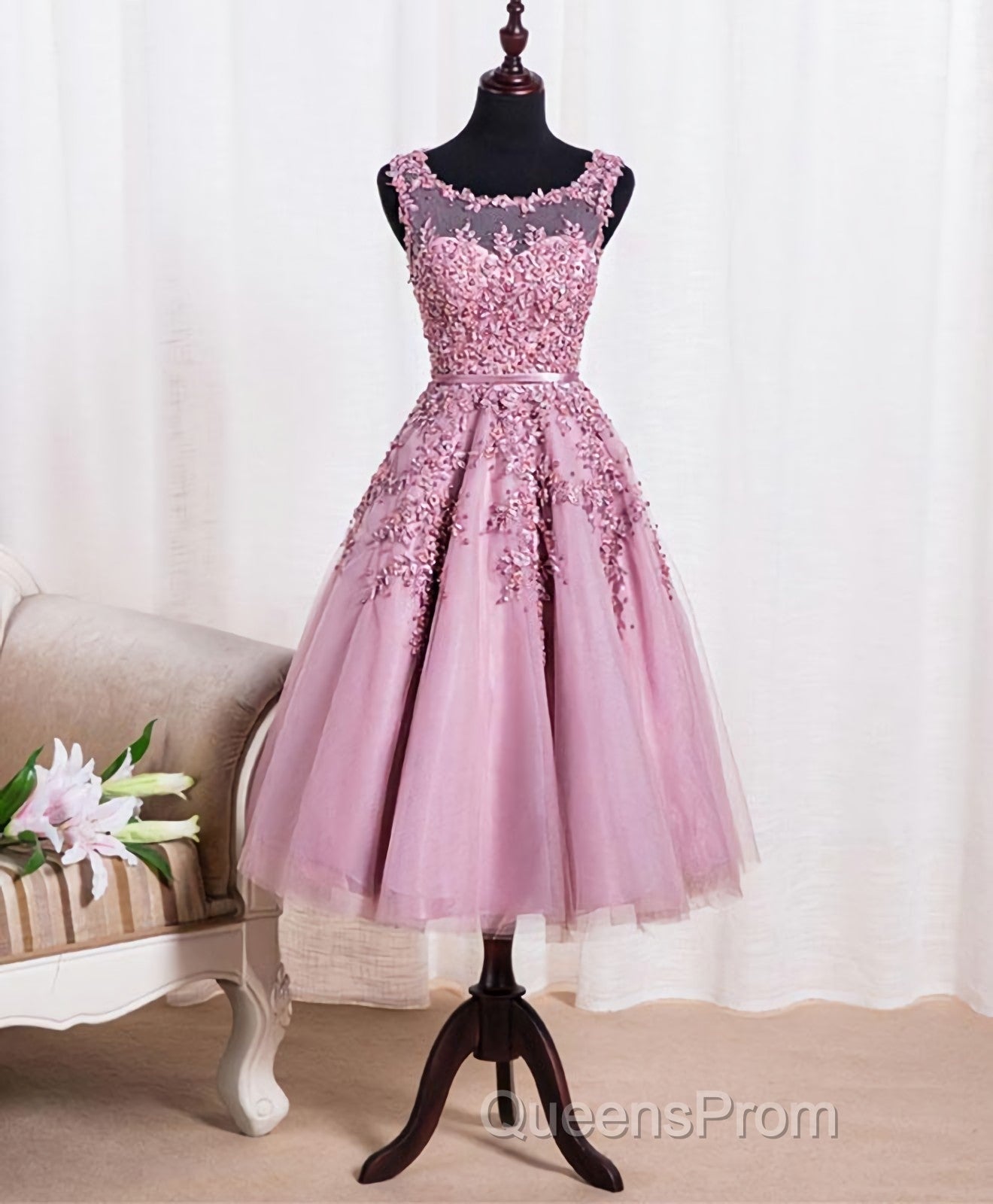 Cute Pink Lace Tulle Short Evening Prom Dress, Pink Evening Dress