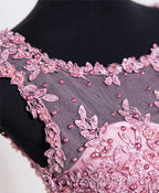 Cute Pink Lace Tulle Short Evening Prom Dress, Pink Evening Dress