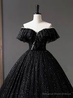 Black Tulle Long A-Line Prom Dress, Shiny Off Shoulder Evening Dress